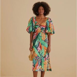 NWT Farm Rio Multicolor Banana Foliage Puff Sleeve Midi Dress - Small